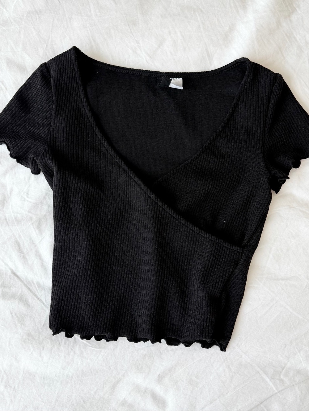 H&M Black Ribbed Wrap-Front Crop Tee